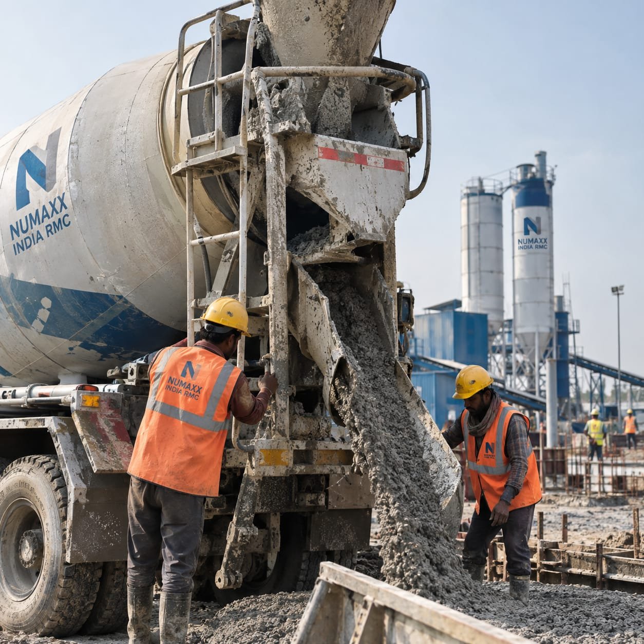 Ready-mix concrete batching plant with material silos and transit mixers