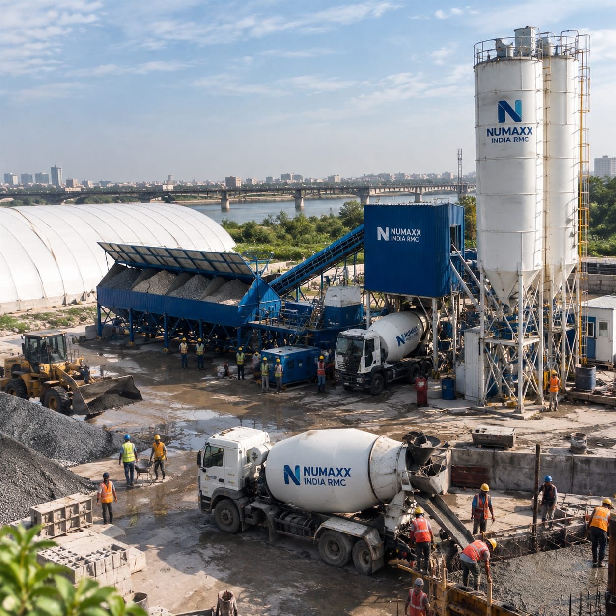 Aerial view of a ready-mix concrete batching plant with material silos, mixing shed and transit mixers